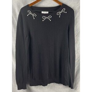Elle Sweater Women’s Size M Black Pearl Bows Cotton Blend Dressy Holiday Classic